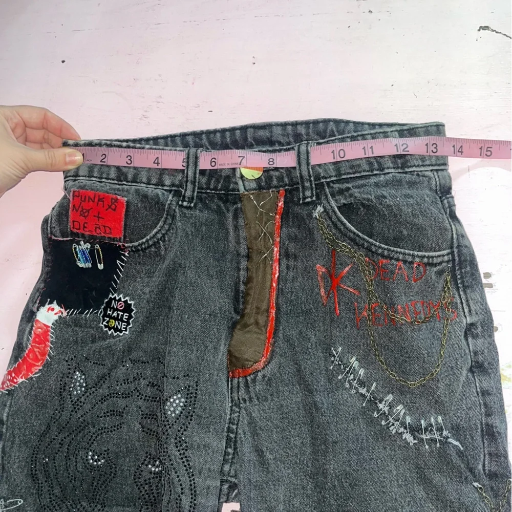 Punk’s Not Dead Grunge Jeans with Chains Embellished Patches Handmade Crust Goth - Picture 9 of 12